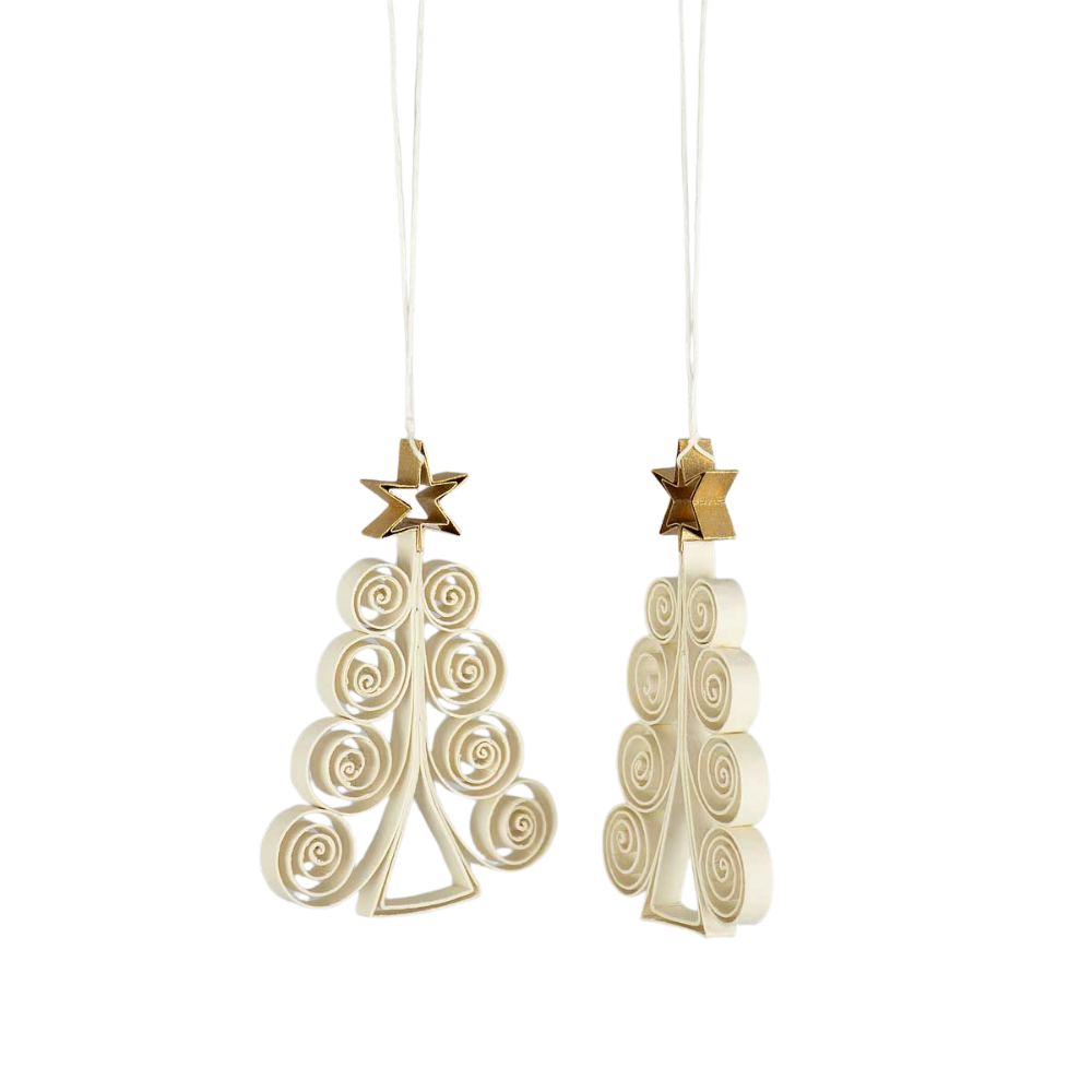 Quilled Fir juleophæng, 2 stk – Offwhite/guldfarvet